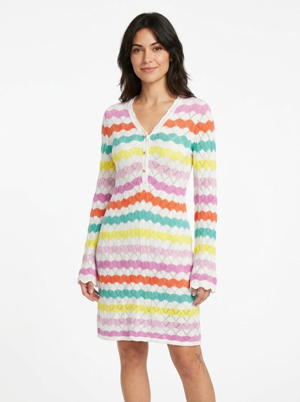 Janie and Jack Multicolor Chevron Crochet Knit Henley Dress Women Size 12